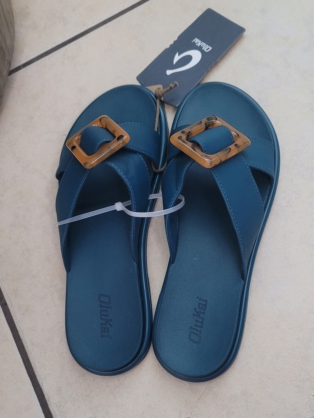 OluKai Teal Slide Sandals with Tortoise Buckle Accent